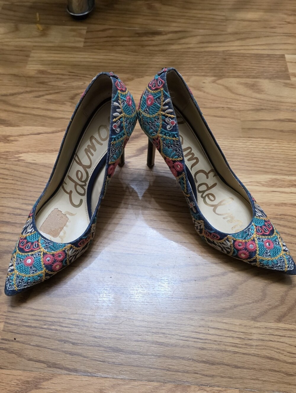 Sam Edelman Teal Floral Embroidered Pointed-Toe Heels - Picture 2 of 14